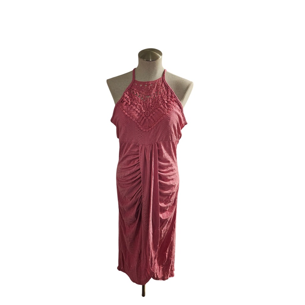 ChicMe Pink Halter Neck Eyelet Crochet Lace Ruched Midi Dress XL